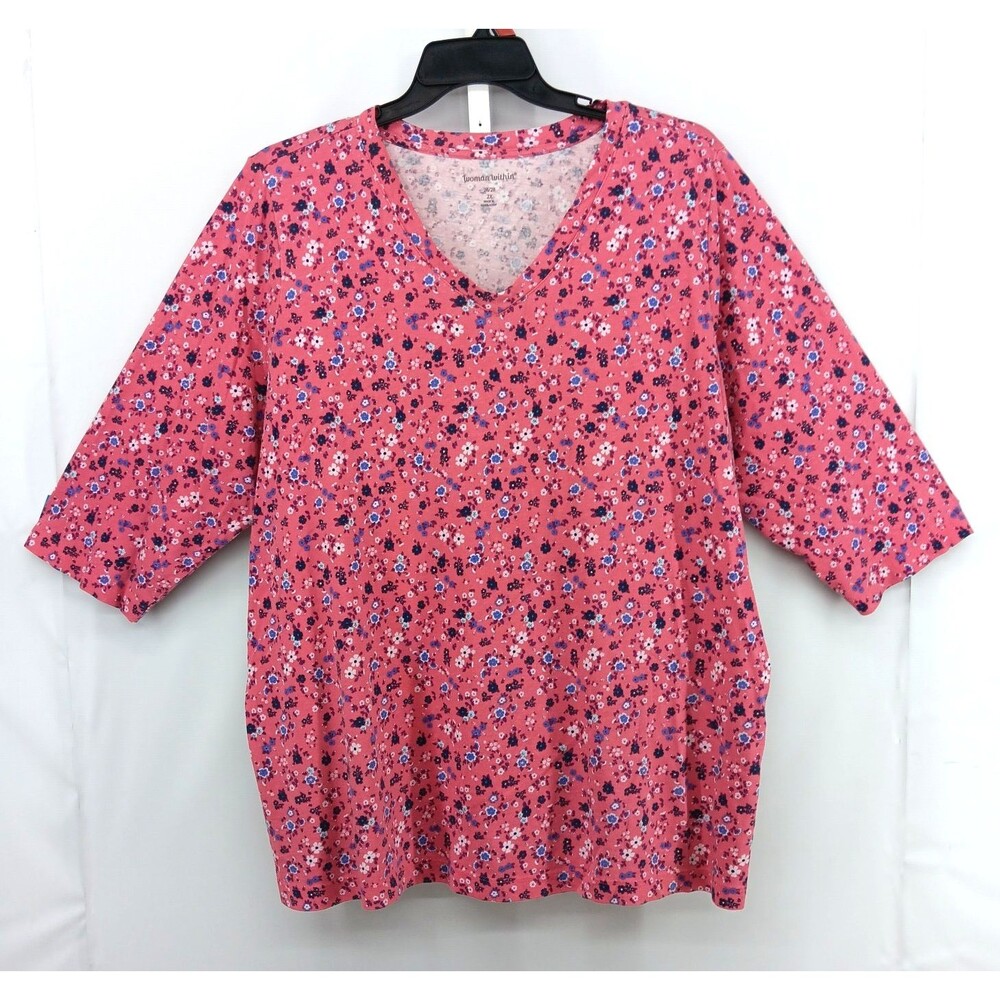 Woman Within Shirt Women Plus Size 2X Pink Floral 3/4 Sleeve V Neck Pullover Top